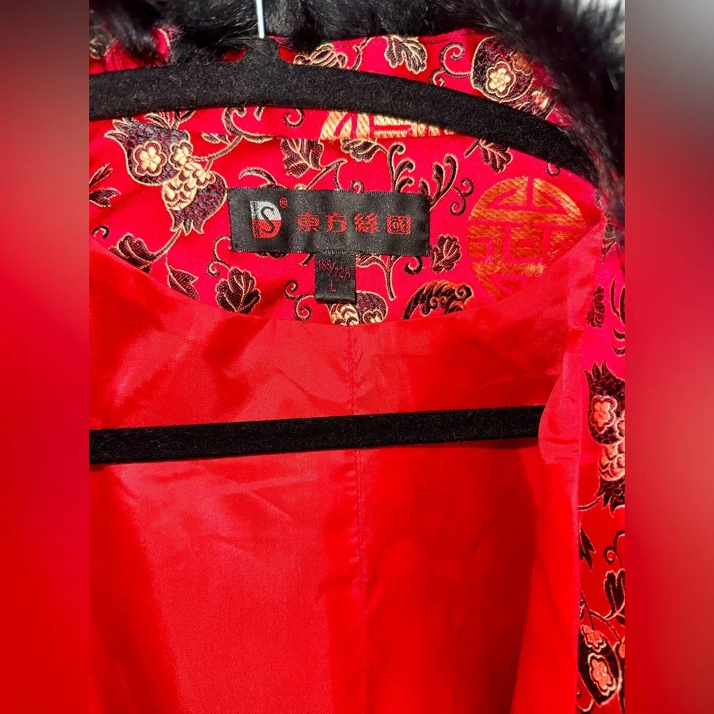 Chinese Silk Blend Jacket Rabbit Fur Collar Red Tailored blazer sz L /US Small - Picture 11 of 14